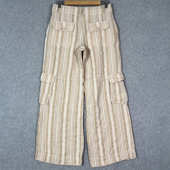 Anthropologie Beige Striped Linen Blend Cargo Wide Leg Pants Size 27 - Picture 6 of 9